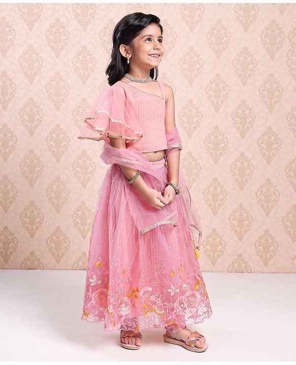 Babyhug Singlet Choli & Lehenga With Net Dupatta Floral Embroidery - Light Pink