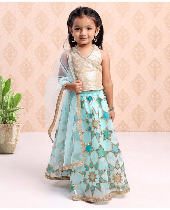 Babyhug Sleeveless Embroidered Choli Lehenga And Dupatta - Aqua
