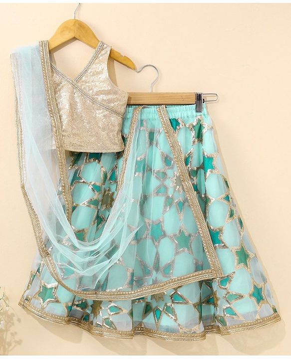 Babyhug Sleeveless Embroidered Choli Lehenga And Dupatta - Aqua