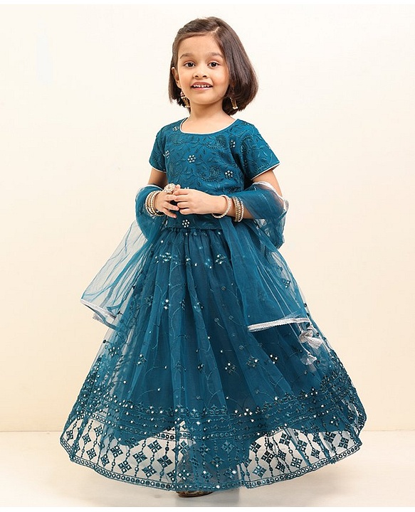 Babyhug Half Sleeves Embroidered Choli Lehenga And Dupatta - Teal