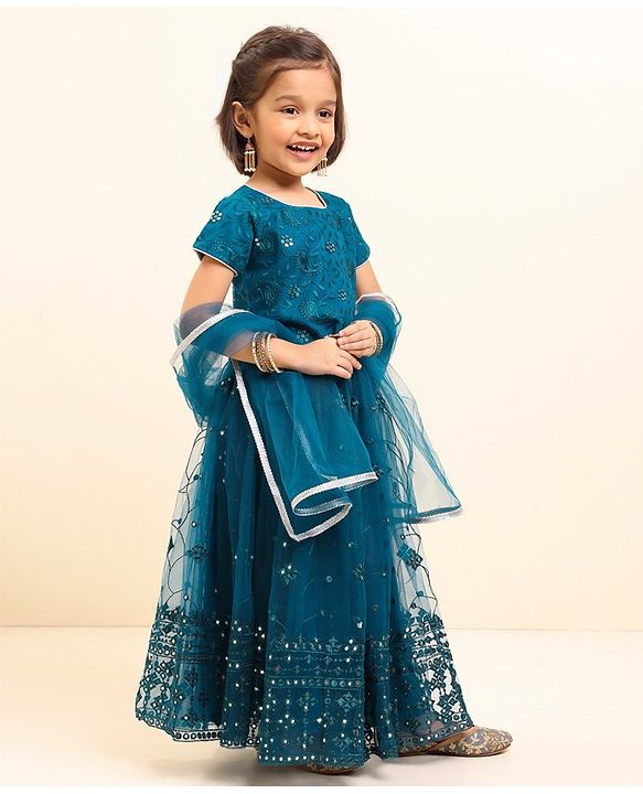 Babyhug Half Sleeves Embroidered Choli Lehenga And Dupatta - Teal