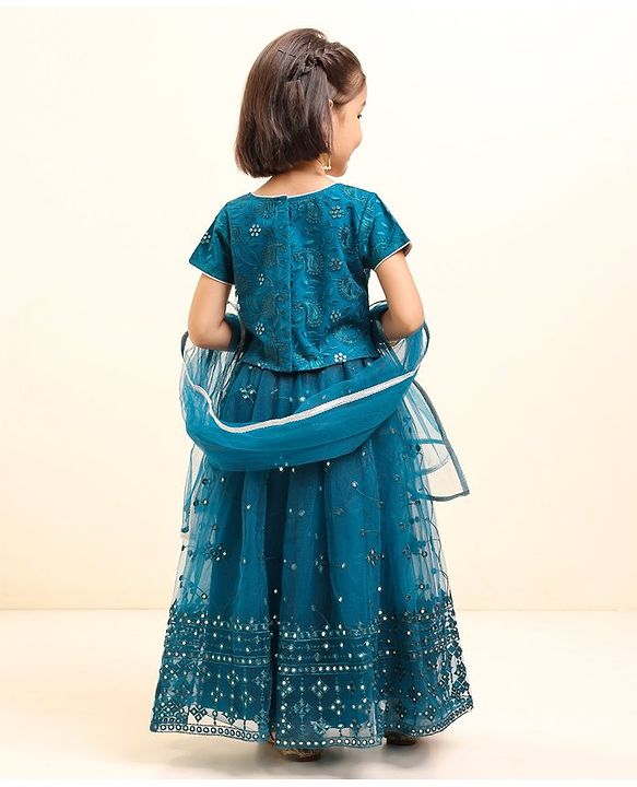 Babyhug Half Sleeves Embroidered Choli Lehenga And Dupatta - Teal