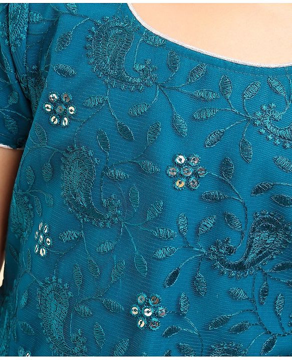 Babyhug Half Sleeves Embroidered Choli Lehenga And Dupatta - Teal