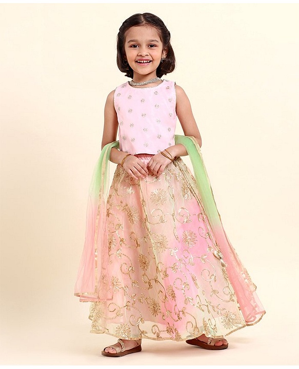 Babyhug Sleeveless Embroidered Choli Lehenga And Dupatta - Pink
