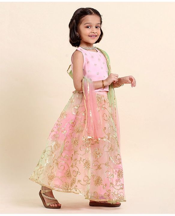 Babyhug Sleeveless Embroidered Choli Lehenga And Dupatta - Pink