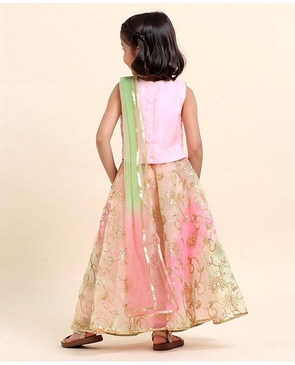 Babyhug Sleeveless Embroidered Choli Lehenga And Dupatta - Pink