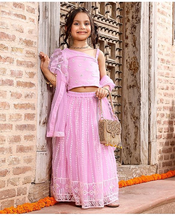 Babyhug Sleeveless Embroidered Choli Lehenga And Dupatta - Lavender