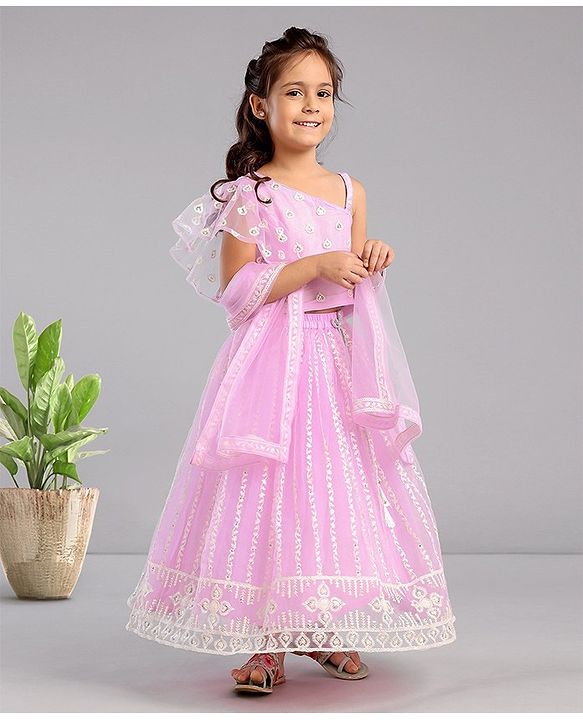 Babyhug Sleeveless Embroidered Choli Lehenga And Dupatta - Lavender