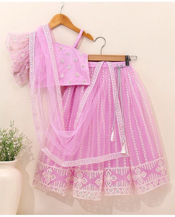 Babyhug Sleeveless Embroidered Choli Lehenga And Dupatta - Lavender