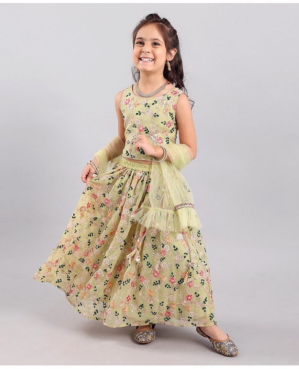 Babyhug Sleeveless Embroidered Choli Lehenga And Dupatta - Sunny Lime