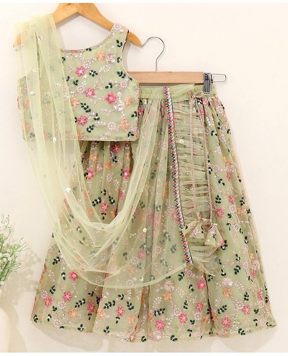 Babyhug Sleeveless Embroidered Choli Lehenga And Dupatta - Sunny Lime