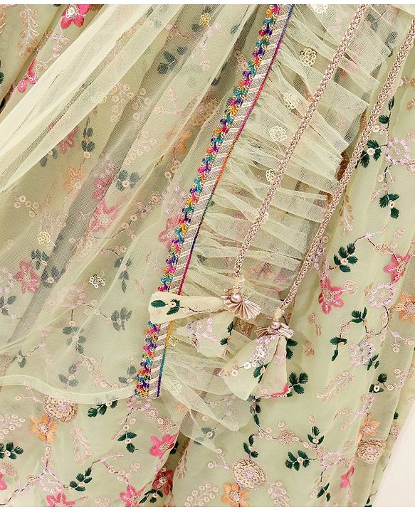 Babyhug Sleeveless Embroidered Choli Lehenga And Dupatta - Sunny Lime