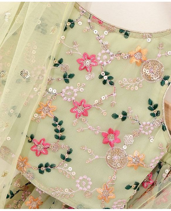 Babyhug Sleeveless Embroidered Choli Lehenga And Dupatta - Sunny Lime