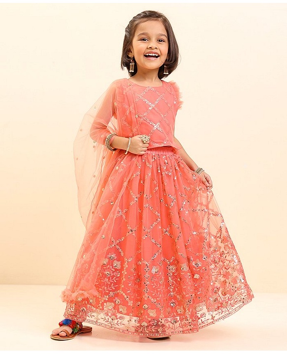 Babyhug Sleeveless Sequined Choli Lehenga & Dupatta Set with Embroidery - Coral