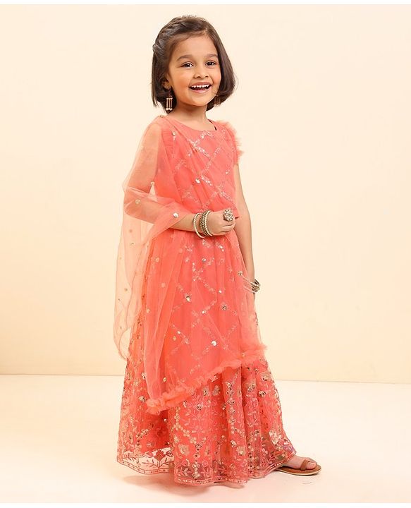 Babyhug Sleeveless Sequined Choli Lehenga & Dupatta Set with Embroidery - Coral
