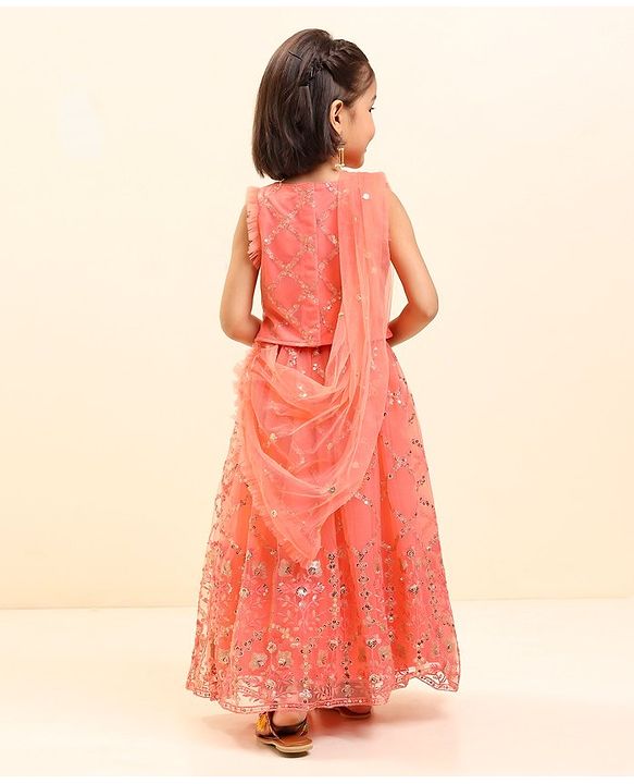 Babyhug Sleeveless Sequined Choli Lehenga & Dupatta Set with Embroidery - Coral