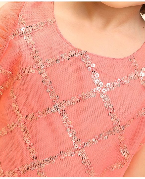 Babyhug Sleeveless Sequined Choli Lehenga & Dupatta Set with Embroidery - Coral