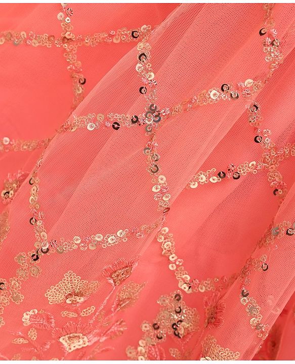 Babyhug Sleeveless Sequined Choli Lehenga & Dupatta Set with Embroidery - Coral