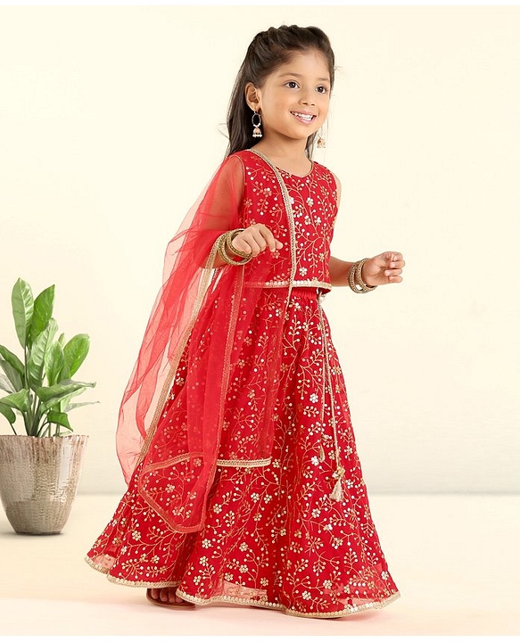Babyhug Sleeveless Choli Lehenga With Dupatta Embroidered - Red