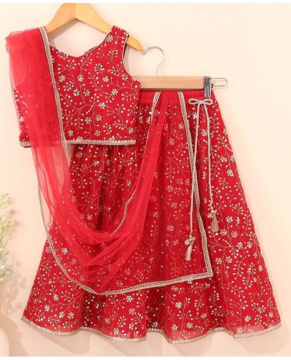 Babyhug Sleeveless Choli Lehenga With Dupatta Embroidered - Red