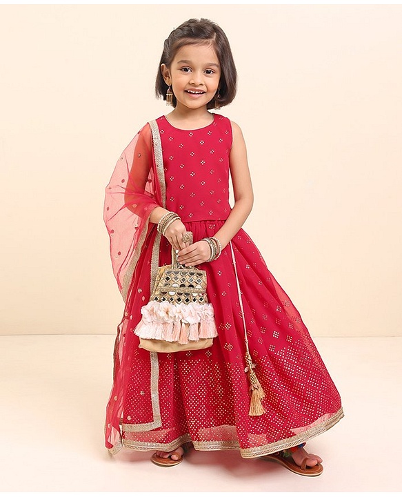 Babyhug Sleeveless Embellished Choli & Lehenga Set With Dupatta - Rasberry
