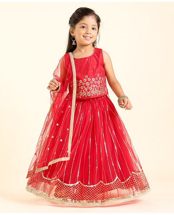 Babyhug Sleeveless Sequinned Choli & Lehenga With Dupatta Floral Embroidery - Red