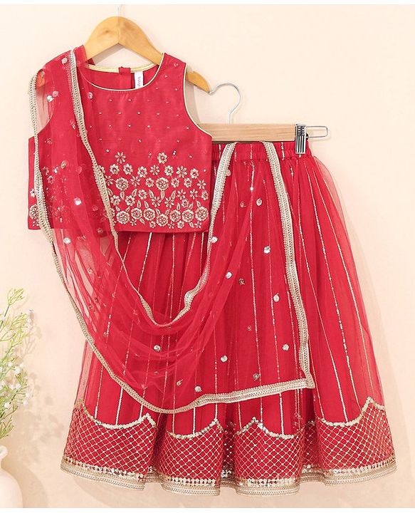 Babyhug Sleeveless Sequinned Choli & Lehenga With Dupatta Floral Embroidery - Red