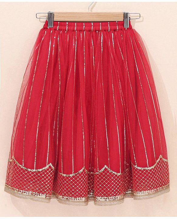 Babyhug Sleeveless Sequinned Choli & Lehenga With Dupatta Floral Embroidery - Red