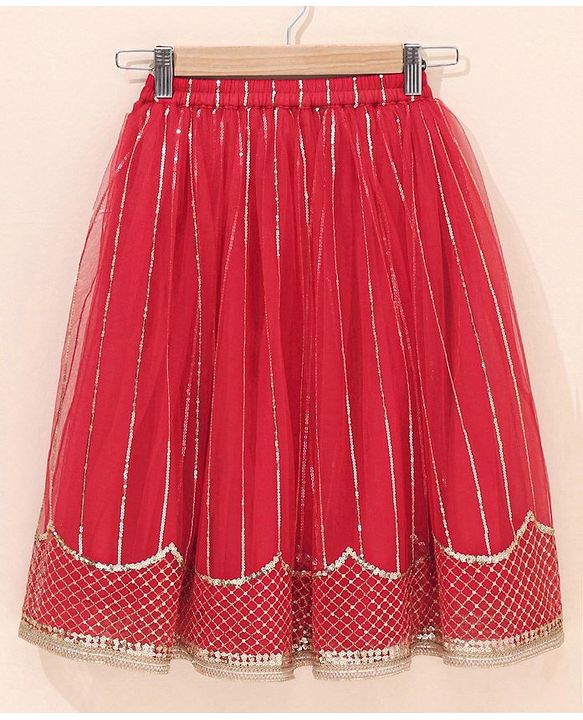 Babyhug Sleeveless Sequinned Choli & Lehenga With Dupatta Floral Embroidery - Red
