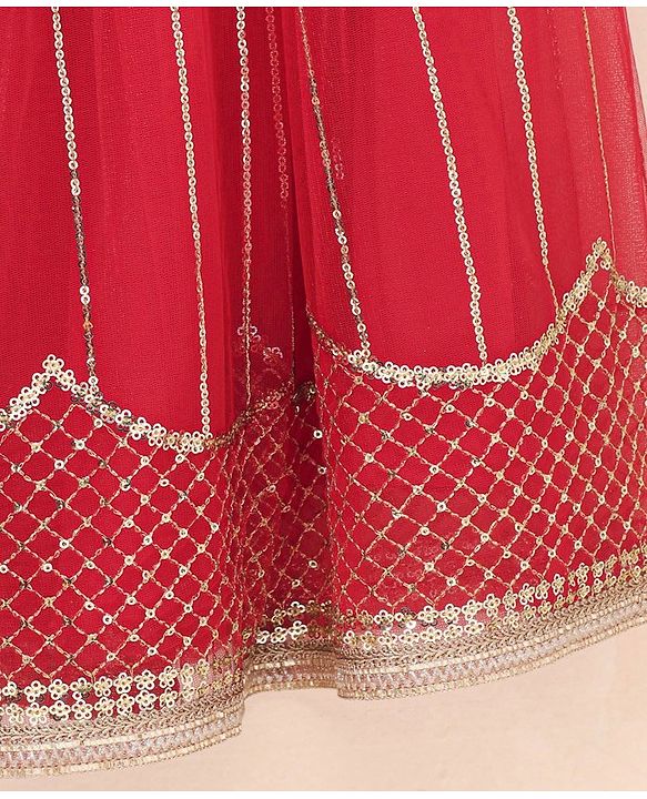 Babyhug Sleeveless Sequinned Choli & Lehenga With Dupatta Floral Embroidery - Red