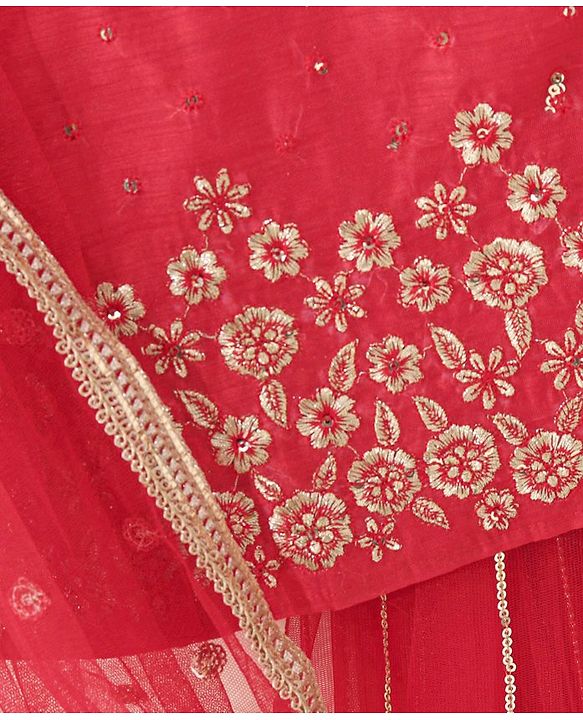 Babyhug Sleeveless Sequinned Choli & Lehenga With Dupatta Floral Embroidery - Red
