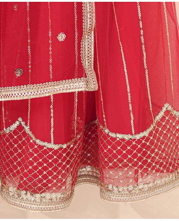 Babyhug Sleeveless Sequinned Choli & Lehenga With Dupatta Floral Embroidery - Red