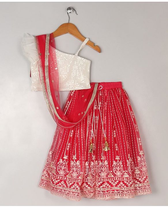 Babyhug Sleeveless Sequinned Choli & Embroidered Lehenga With Net Dupatta - Raspberry Pink