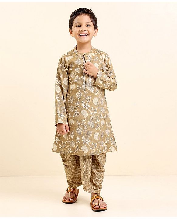 Babyhug Full Sleeves Kurta and Dhoti Set Floral Print - Beige