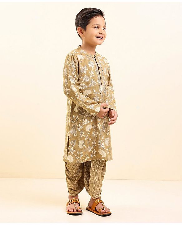 Babyhug Full Sleeves Kurta and Dhoti Set Floral Print - Beige