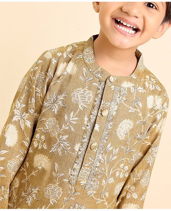 Babyhug Full Sleeves Kurta and Dhoti Set Floral Print - Beige