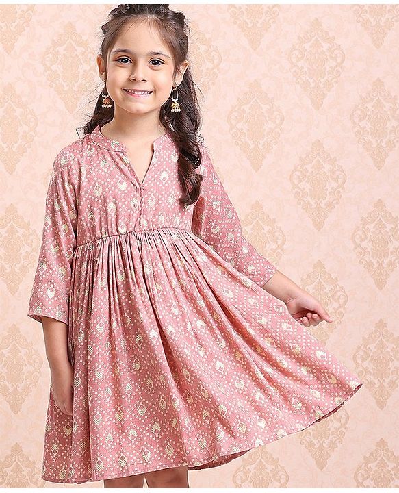 Babyhug Full Sleeves Printed Ethnic Dress - Peach