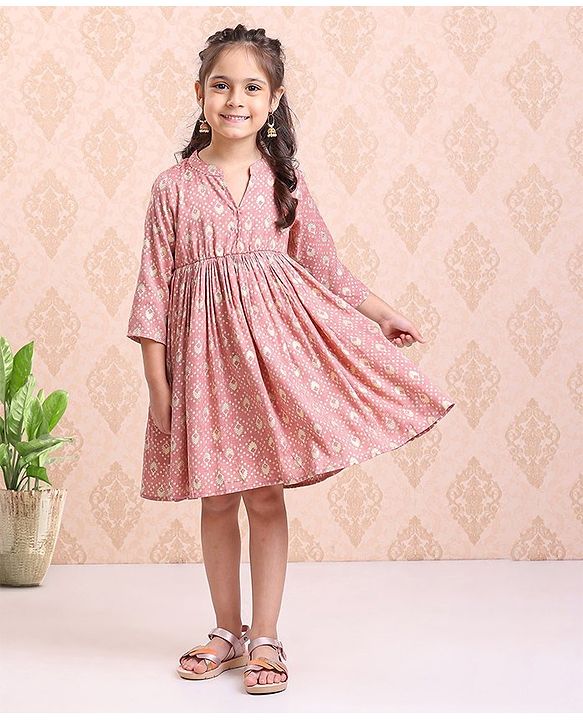 Babyhug Full Sleeves Printed Ethnic Dress - Peach