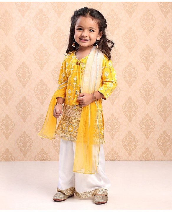 Babyhug Three Fourth Sleeves Embroidered Kurti Palazzo & Dupatta Set with Sequins - Yellow White
