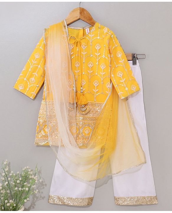 Babyhug Three Fourth Sleeves Embroidered Kurti Palazzo & Dupatta Set with Sequins - Yellow White