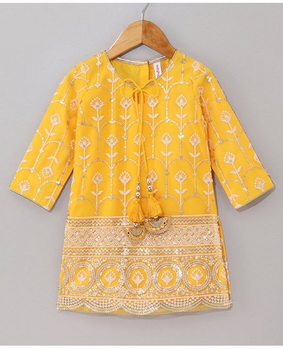Babyhug Three Fourth Sleeves Embroidered Kurti Palazzo & Dupatta Set with Sequins - Yellow White