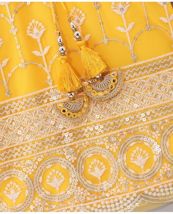 Babyhug Three Fourth Sleeves Embroidered Kurti Palazzo & Dupatta Set with Sequins - Yellow White