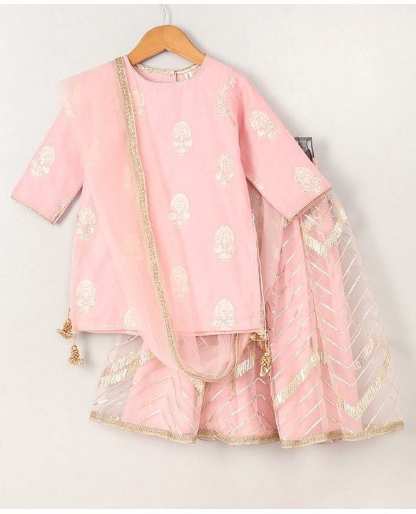 Babyhug Three Fourth Sleeves Embroidered Kurti Palazzo & Dupatta Set with Sequins - Pink