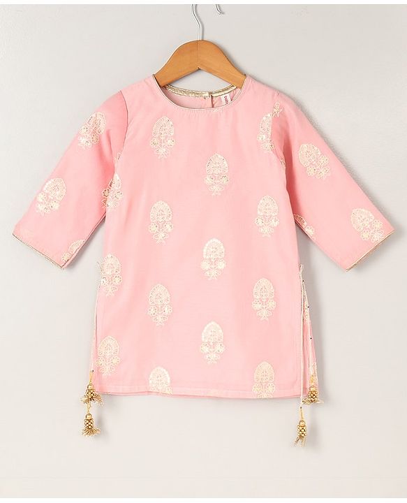Babyhug Three Fourth Sleeves Embroidered Kurti Palazzo & Dupatta Set with Sequins - Pink