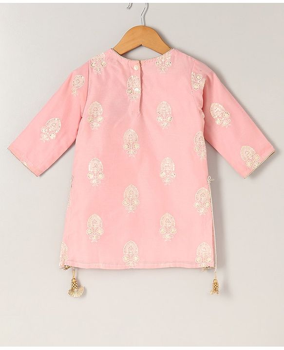 Babyhug Three Fourth Sleeves Embroidered Kurti Palazzo & Dupatta Set with Sequins - Pink