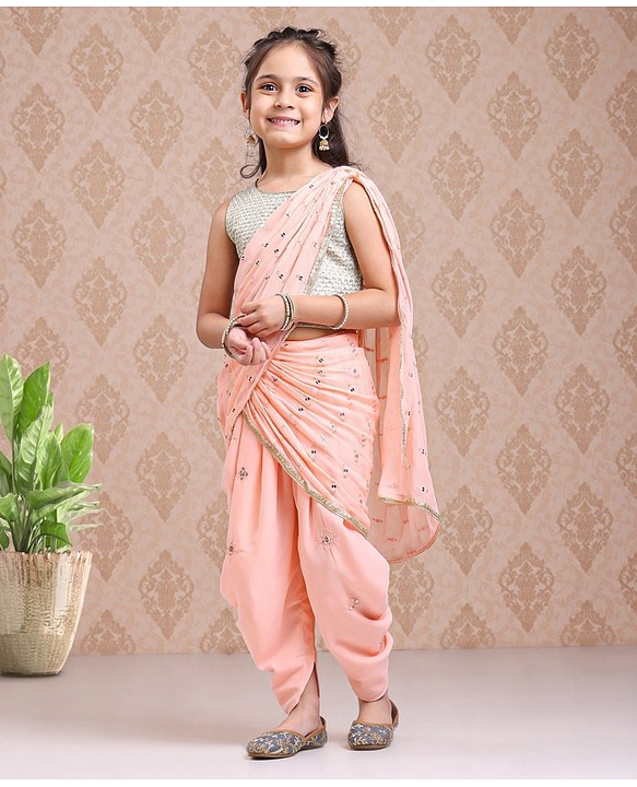 Babyhug Silk Sleeveles Sequenced Choli with Ready to Wear Saree- Peach)