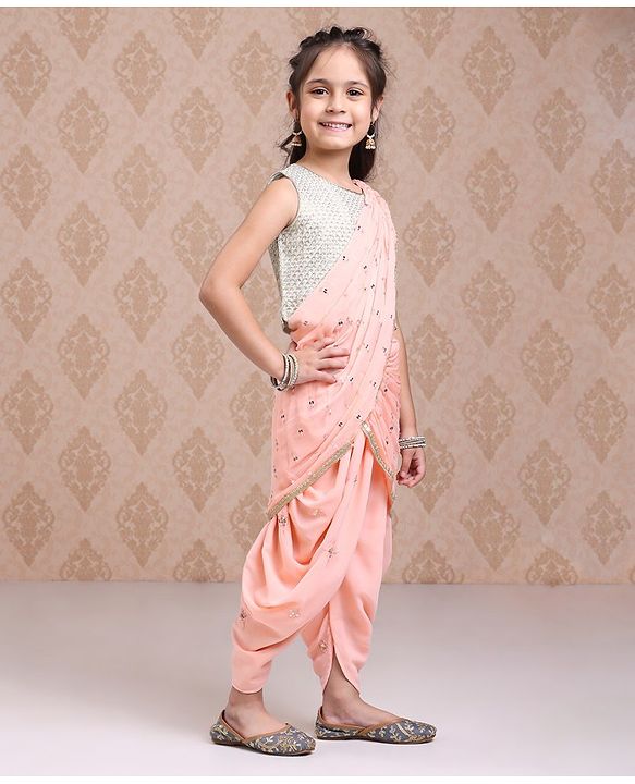 Babyhug Silk Sleeveles Sequenced Choli with Ready to Wear Saree- Peach)