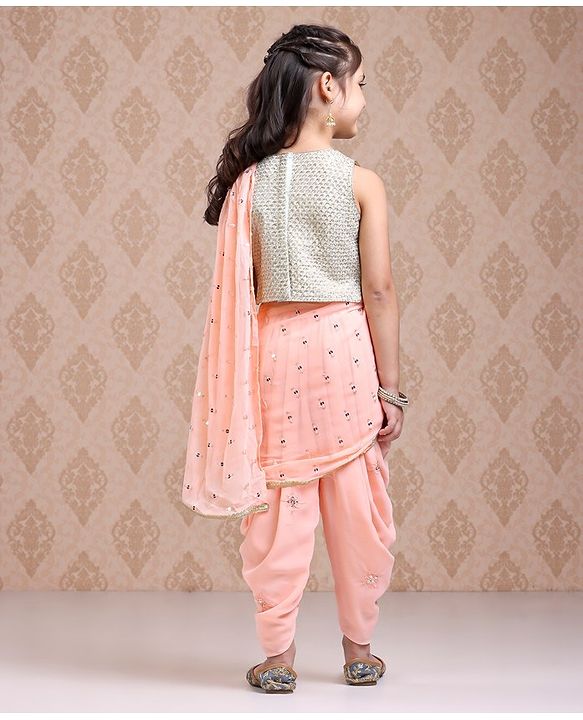 Babyhug Silk Sleeveles Sequenced Choli with Ready to Wear Saree- Peach)
