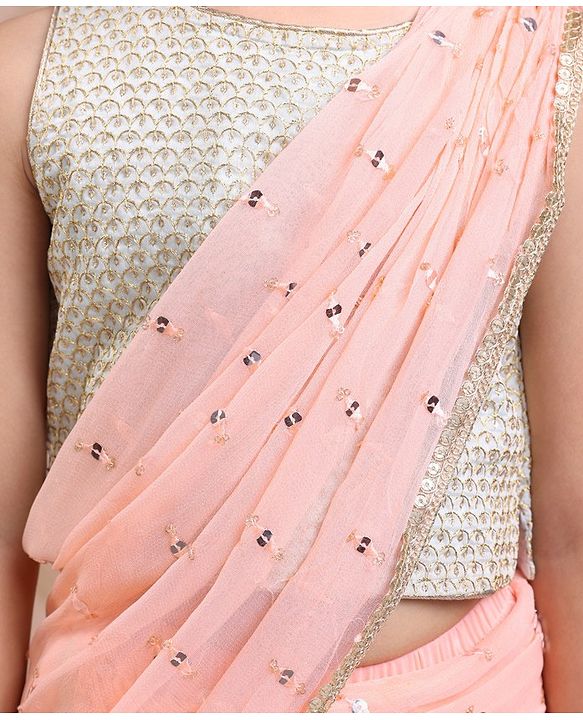 Babyhug Silk Sleeveles Sequenced Choli with Ready to Wear Saree- Peach)