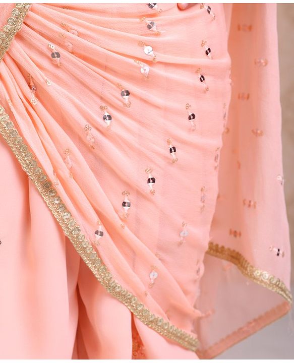 Babyhug Silk Sleeveles Sequenced Choli with Ready to Wear Saree- Peach)